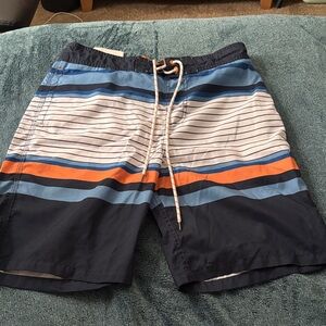 Men's Striped Navy & Blue Swim Trunks with Orange Accent